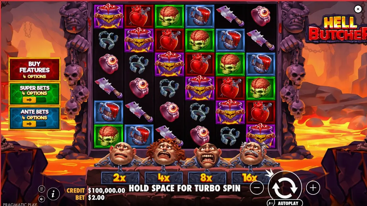 Hell Butcher slot game interface featuring dark horror themes and symbols