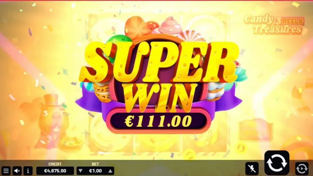 Candy Treasures 3 Reels slot machine interface showing sweets and coins